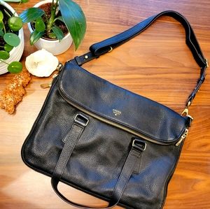 Fossil Preston Foldover Black Leather Tote Satchel With Expand Zipper